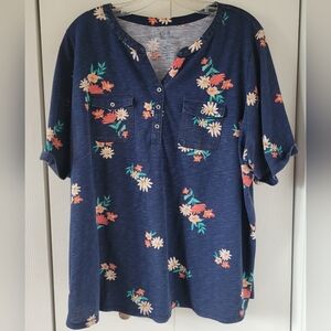 CROFT & BARROW NAVY FLORAL SHORT SLEEVE HENLEY SHIRT TOP CHEST POCKETS PLUS 2X